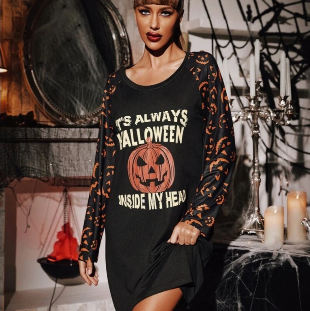 ❤New! Halloween Pumpkin Print Graphic Nightdress🎃